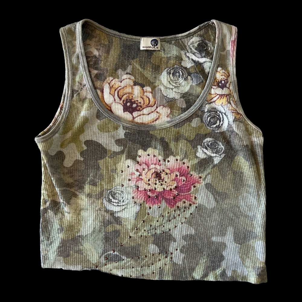 Cropped Ribbed Camo Floral Rose Tank Top with Stud Embellishments